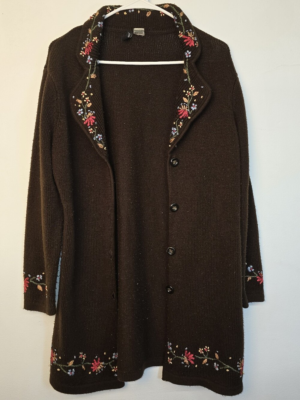 Jason Maxwell Brown Embroidered Cardigan Sweater with Floral Accents